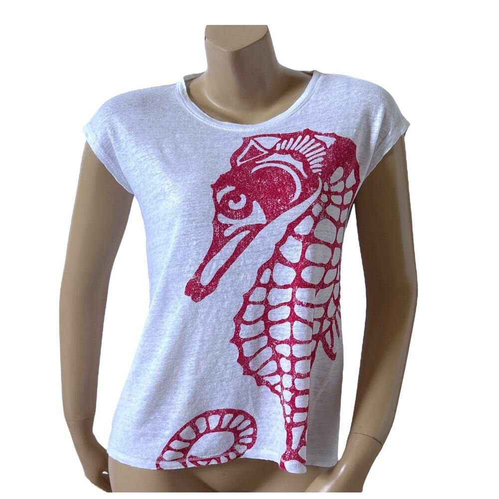 Talbots Linen Tee Womens SP Petite Seahorse Graphic White Red Short Sleeve
